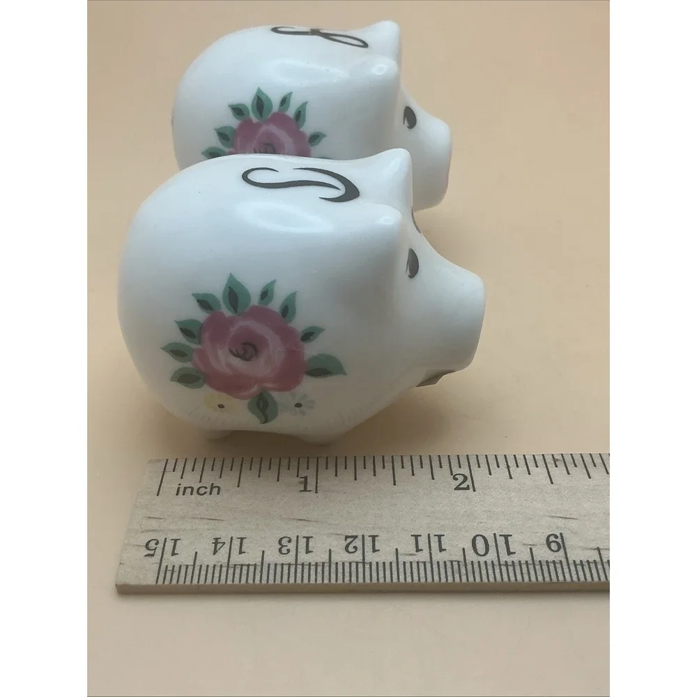 Vintage Pig Salt & Pepper‎ Shakers with Calligraphy Letters, Flowers.